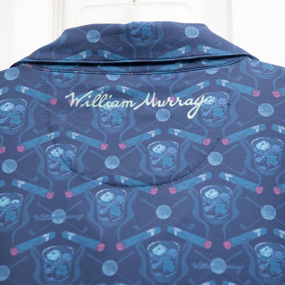 William Murray Golf Polo XL Navy Whiskey Cigars Old Money Print Boozy Athleisure